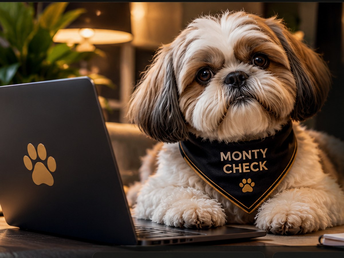 Monty Check Shih Tzu mascot beside a laptop